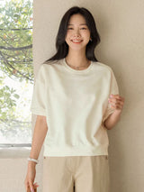 左品シリーズ｜綿 ドロップショルダー 半袖Tシャツ｜ゆったり ショート丈 裾リブ クリーム無地他 全4種 M〜XL