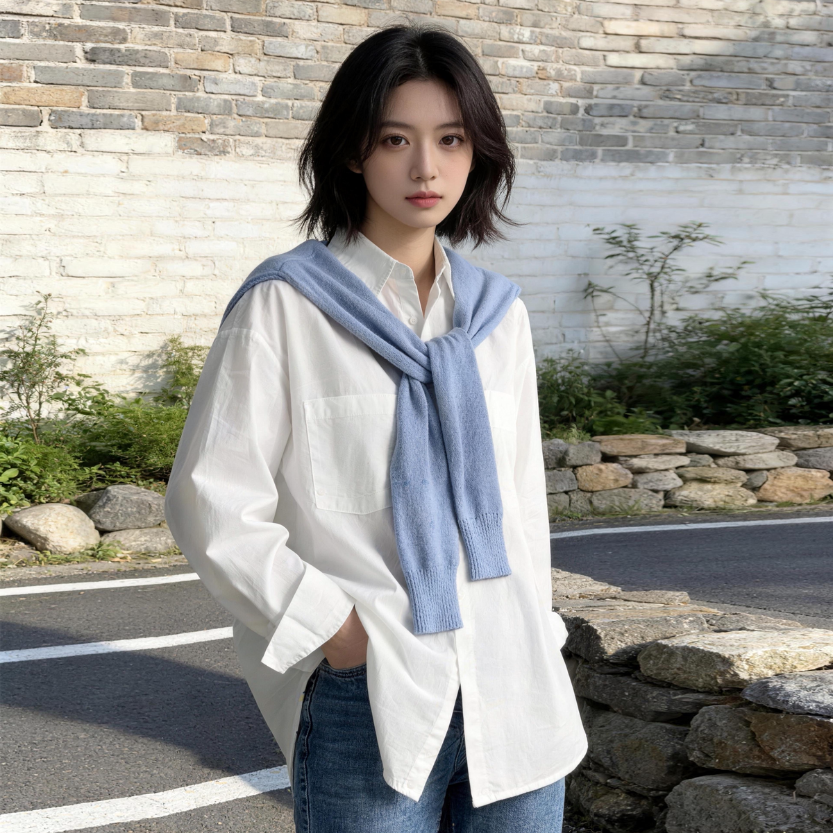 不造作シリーズ｜ホワイト・ネイビー 長袖シャツ｜ゆったり ニットショール別売り S〜XL