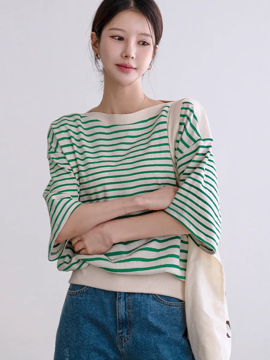 左品シリーズ｜マリンボーダー ボートネックTシャツ｜肩リブ使い ひじ丈袖 ゆったり グリーン他2色 M〜XL