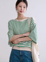 左品シリーズ｜マリンボーダー ボートネックTシャツ｜肩リブ使い ひじ丈袖 ゆったり グリーン他2色 M〜XL
