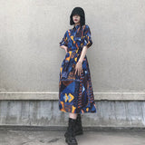 GUYIシリーズ｜プリント シフォン シャツワンピース｜長袖・半袖 ゆったり ブルー系 フリーサイズ