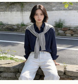 不造作シリーズ｜ホワイト・ネイビー 長袖シャツ｜ゆったり ニットショール別売り S〜XL