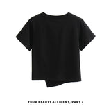 下集シリーズ｜グレー アシンメトリーヘム 半袖Tシャツ｜短め丈 正肩 コットン ダークグレー/ホワイト/ブラック/ピンク/ライトブルー S〜XL