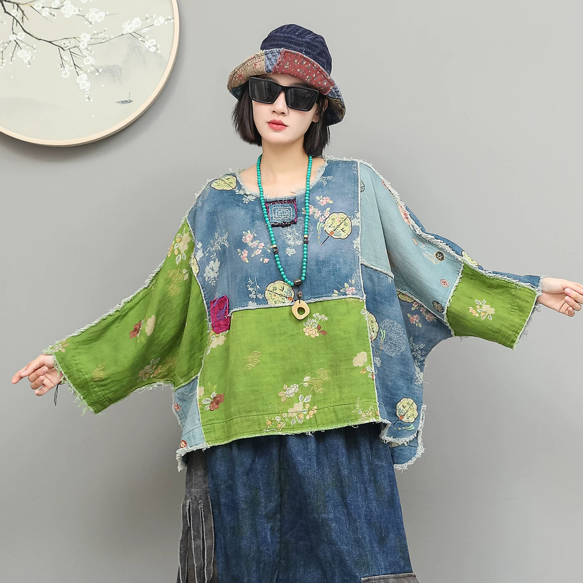 格林曼シリーズ｜毛先ほつれ 手刺繍パッチ 切り替えトップス＋デニム ドロップクロッチパンツ セットアップ｜ブルー グリーン 秋 フリー
