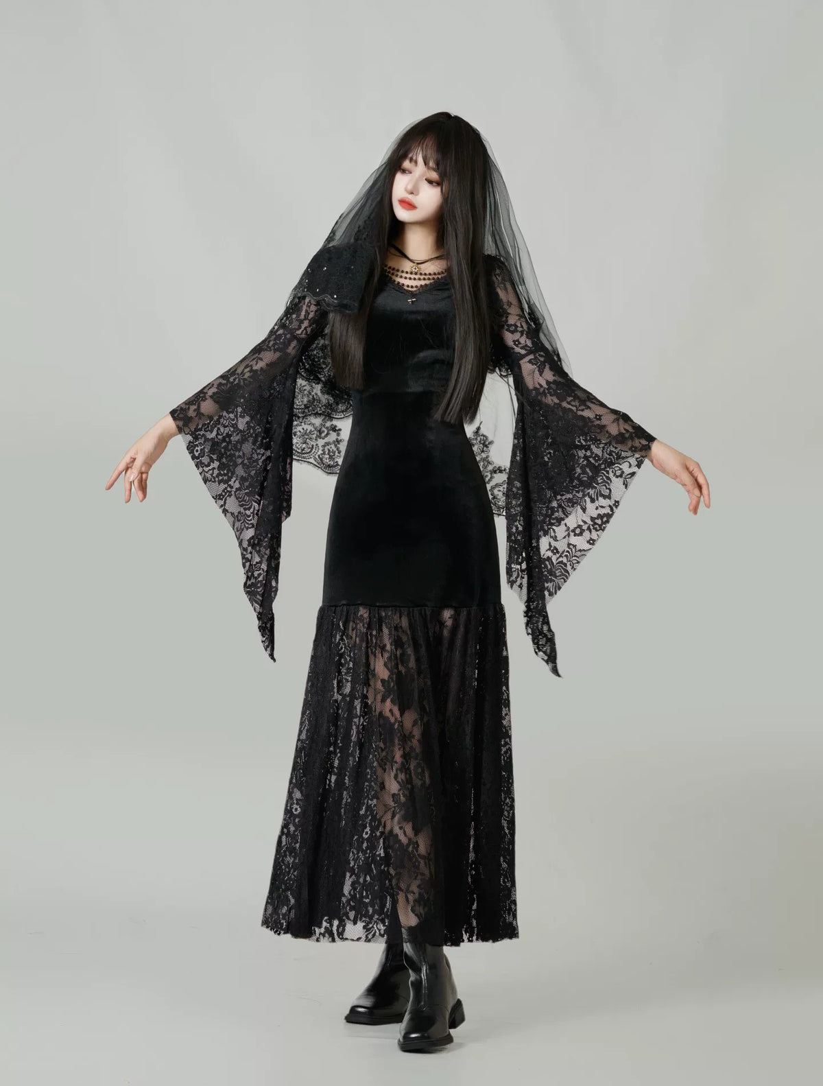 暗黒DARKシリーズ｜レース袖 ベルベット ロングワンピース｜Vネック ゴシック ブラック S〜XL