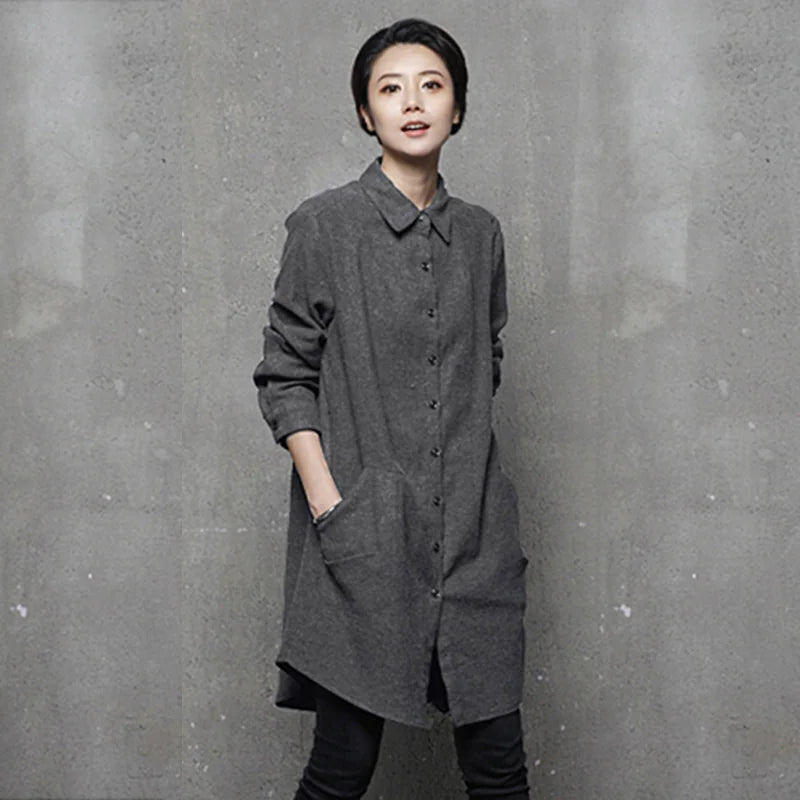 POPOGOシリーズ｜ロングシャツ｜厚手 ゆったり 長袖 フロントボタン ポケット付き グレー/ブラック S〜L
