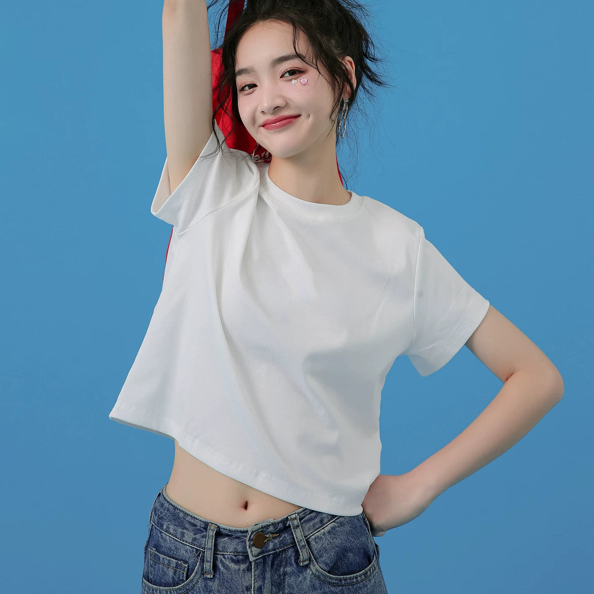 下集シリーズ｜ホワイト ショート丈 半袖Tシャツ｜正肩 スリム リブ編み 無地 ヘザーグレー/ホワイト/ブラック/ベージュ S〜XL