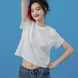 下集シリーズ｜ショート丈 半袖Tシャツ｜正肩 スリム リブ編み 無地 ブラック/ホワイト/ヘザーグレー/ベージュ S〜XL