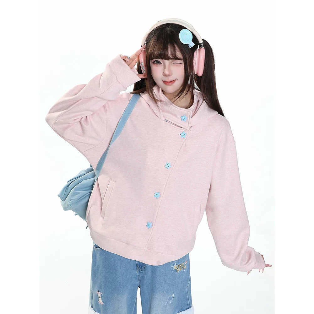 MJMTシリーズ｜星ボタン フード付き スウェットジャケット ゆったり ピンク/グレー S/M/L