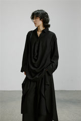 SUNYVONNEシリーズ｜アークドレープ ロングシャツ｜ゆったり ユニセックス 長袖 ダークブラック・エボニーコーヒー・スモーキーグレー M〜XL