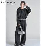 LaCシリーズ｜フード付き ハーフジップ スウェット＆ワイドパンツ セットアップ｜フェイクレイヤード ベージュ・ダークグレー S〜L