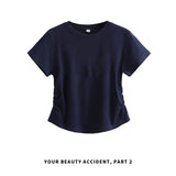 下集シリーズ｜サイドシャーリング 半袖Tシャツ｜正肩 ゆったり 短め丈 3カラー S〜XL