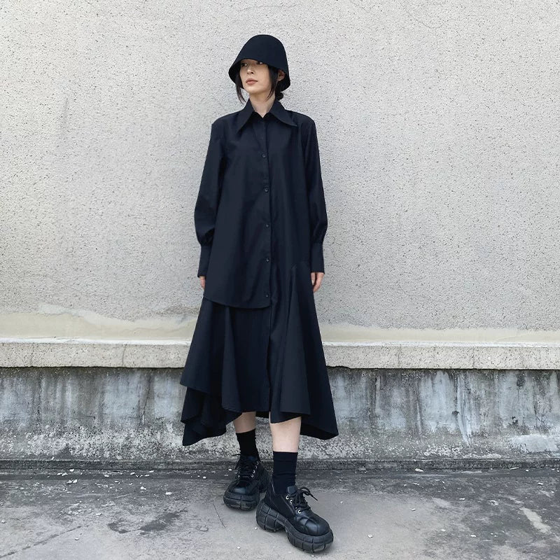 GUYIシリーズ｜アシンメトリー ロングシャツワンピース｜ブラック 長袖 ゆったり フリーサイズ