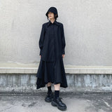 GUYIシリーズ｜アシンメトリー ロングシャツワンピース｜ブラック 長袖 ゆったり フリーサイズ