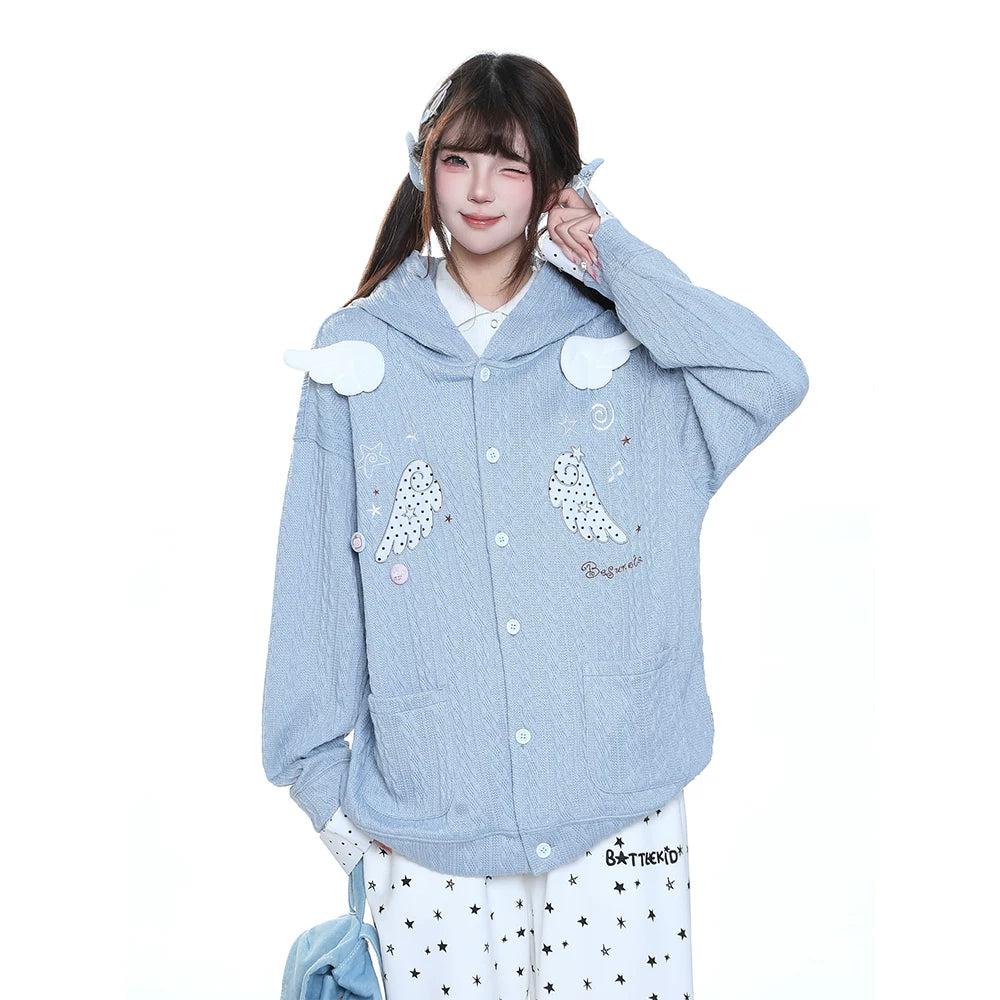 MJMTシリーズ｜翼モチーフ フード付き ニットカーディガン ブルー/グレー ゆったり 秋冬 S/M/L/XL