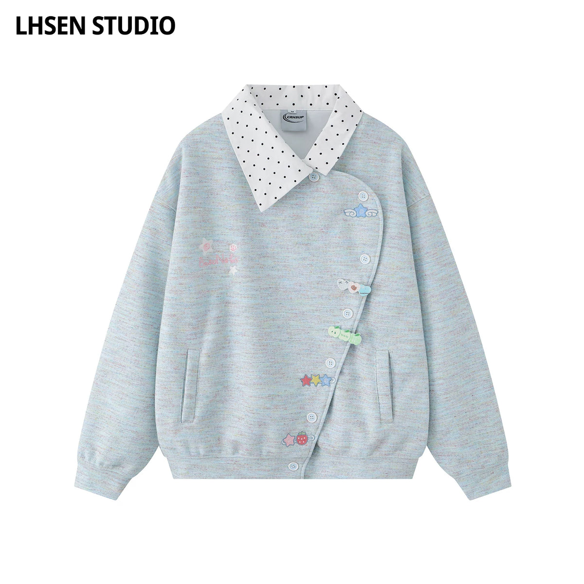 LHSENシリーズ｜ドット柄シャツ襟 フェイクレイヤード アシンメトリーボタン スウェット｜ブルー・ピンク S〜XL