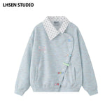 LHSENシリーズ｜ドット柄シャツ襟 フェイクレイヤード アシンメトリーボタン スウェット｜ブルー・ピンク S〜XL