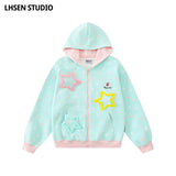 LHSENシリーズ｜星柄 スターパーツ付き ジップパーカー｜配色リブ アプリコット・ミントグリーン ゆったり S〜XL
