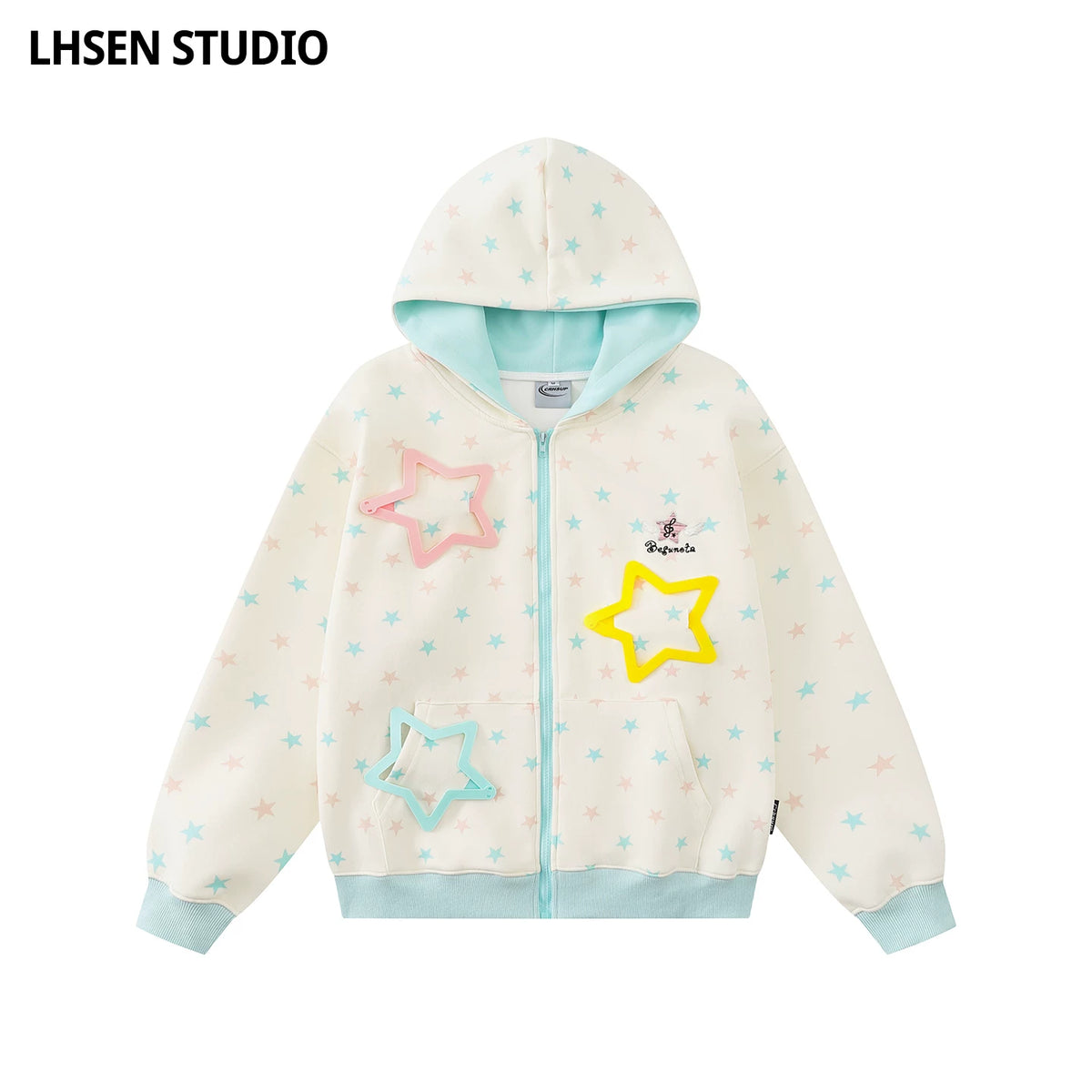 LHSENシリーズ｜星柄 スターパーツ付き ジップパーカー｜配色リブ アプリコット・ミントグリーン ゆったり S〜XL