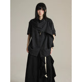 FG721シリーズ｜リボン襟 アシンメトリー 半袖シャツ｜ゆったり ユニセックス ブラック・ライトグリーン S／M／L／XL