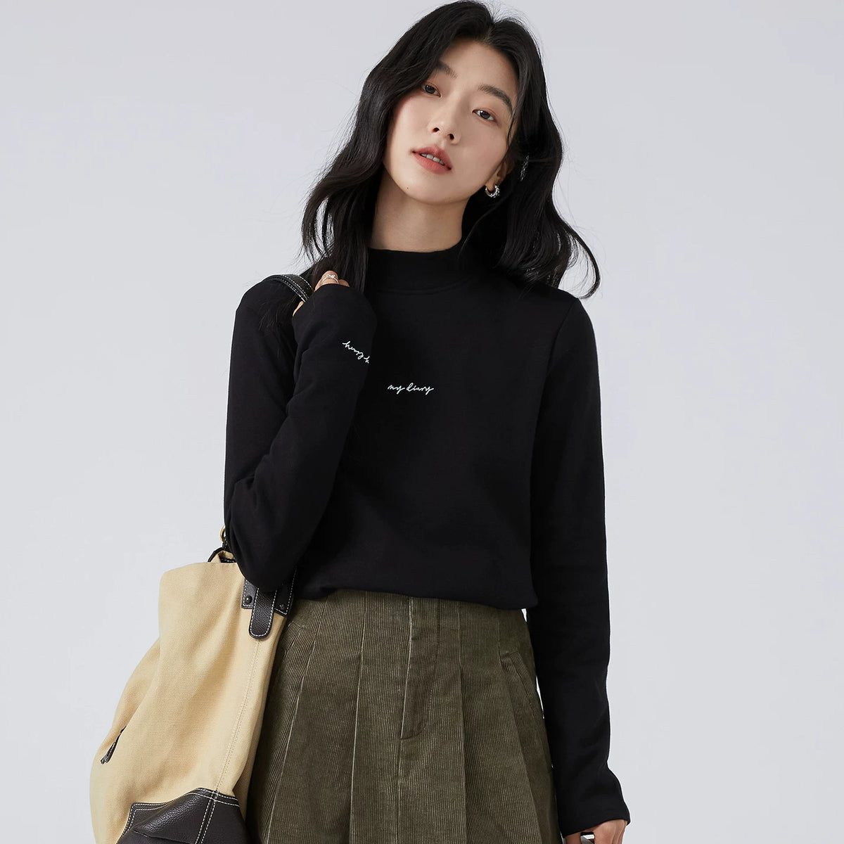 下集シリーズ｜ハイネック 長袖Tシャツ｜裏起毛 インナーにも レギュラーフィット ブラック他2色 S〜XL
