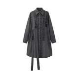 隠覓シリーズ｜グレーストライプのロングシャツ｜フリルの前立て 腰ひも付き ゆったり 長袖 フリー