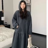 HANSUシリーズ｜フード付き ティアード スウェットワンピース｜カンガルーポケット ゆったり チャコールグレー L〜3XL