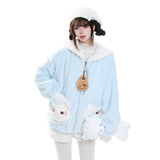 MJMTシリーズ｜ネコポケット ふわふわボア フード付き ジップジャケット 冬 ブルー/ピンク S/M/L/XL