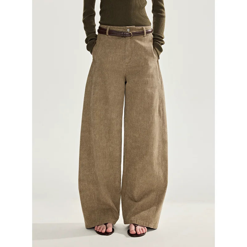 鯨乎シリーズ｜ウォッシュ加工 カーブレッグ ワイドパンツ｜綿100% ツイル ハイウエスト ゆったり クレイブラウン・ブラックプラム S〜XL