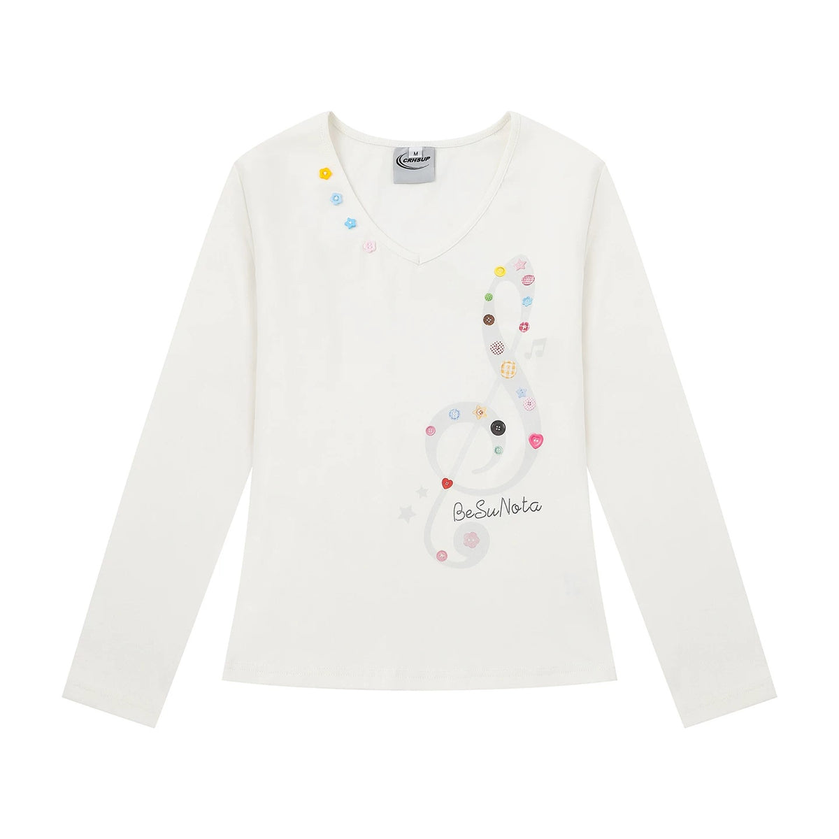 LHSENシリーズ｜ト音記号プリント Vネック 長袖Tシャツ｜カラフルな飾りボタン ホワイト・ブルー S〜L