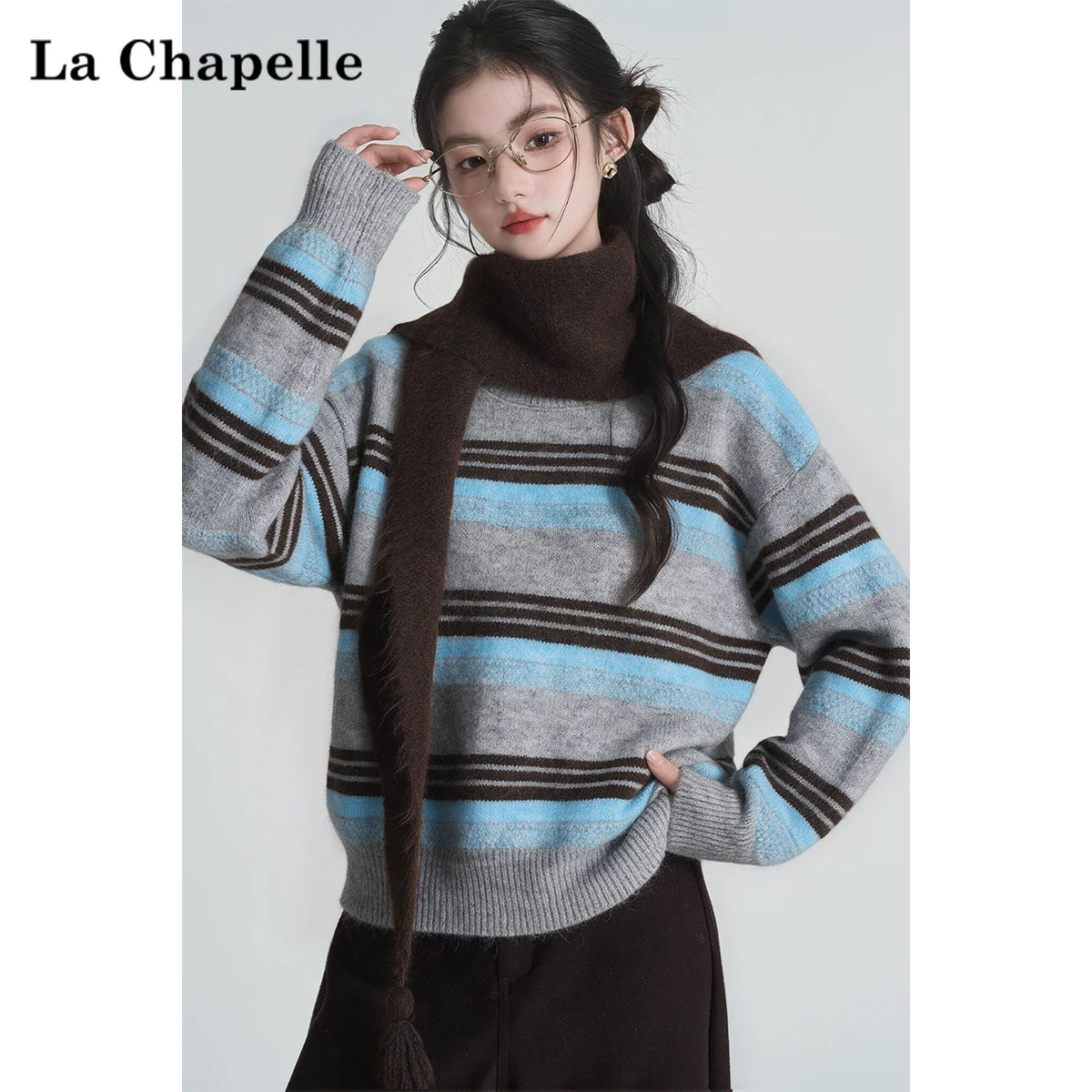 LaCシリーズ｜ショール付き ストライプ クルーネックニット｜グレー×ブルー 配色 ゆったり 微伸縮 S〜L