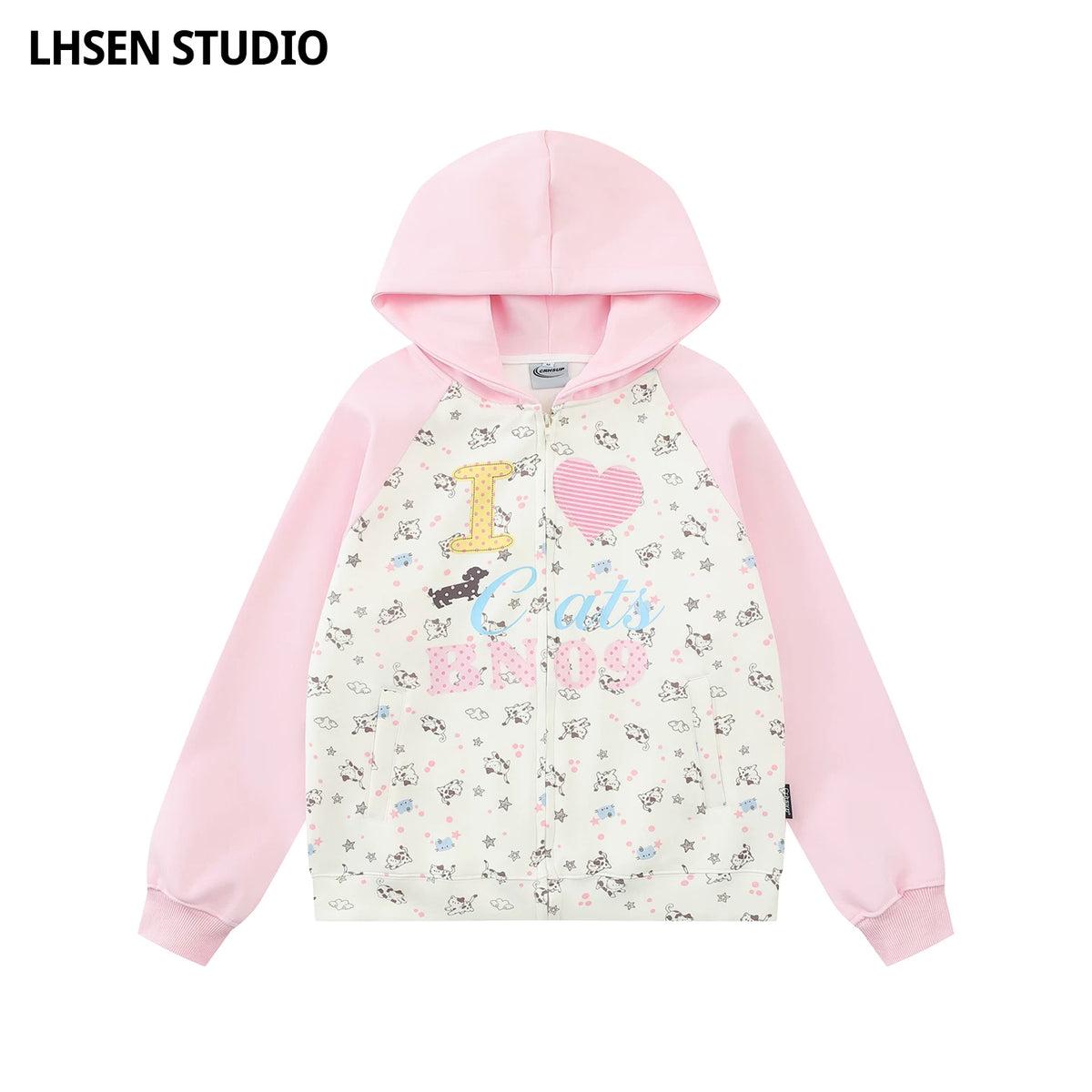 LHSENシリーズ｜総柄 ねこ ラグランスリーブ ジップパーカー｜ピンク・ブルー ゆったり S〜XL