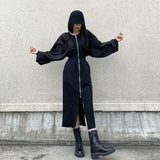 GUYIシリーズ｜フロントジップ パフスリーブ ロングワンピース｜ブラック スリット ウエストシャーリング Sサイズ