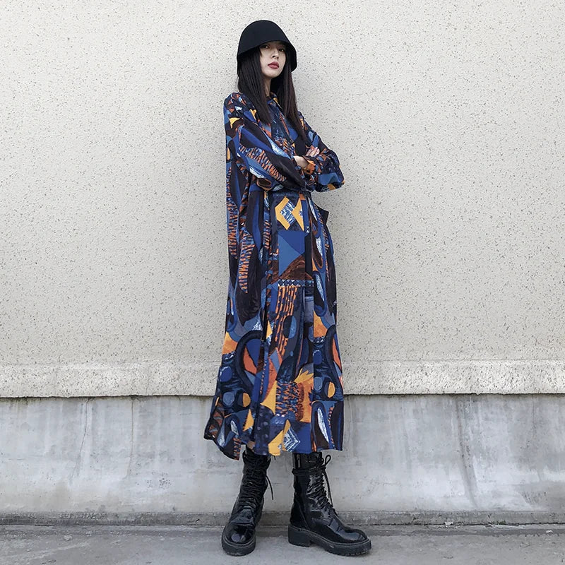 GUYIシリーズ｜幾何柄プリント シフォン シャツワンピース｜ウエストタイ ロング丈 長袖・半袖 フリーサイズ
