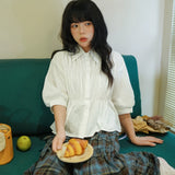 陽光蘿莎シリーズ｜ウエストギャザー パフスリーブシャツ｜半袖 ゆったり ホワイト S〜XL