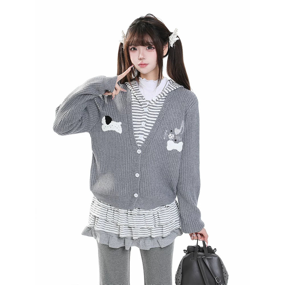 MJMTシリーズ｜学院風 フード付き 重ね着風 ニットカーディガン｜ショート丈 ゆったり グレー・ブルー S〜L