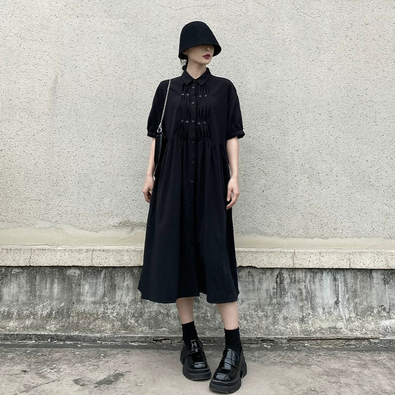 GUYIシリーズ｜ピンタック ギャザー シャツワンピース｜半袖 ミモレ丈 ブラック フリーサイズ