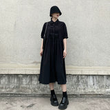 GUYIシリーズ｜ピンタック ギャザー シャツワンピース｜半袖 ミモレ丈 ブラック フリーサイズ