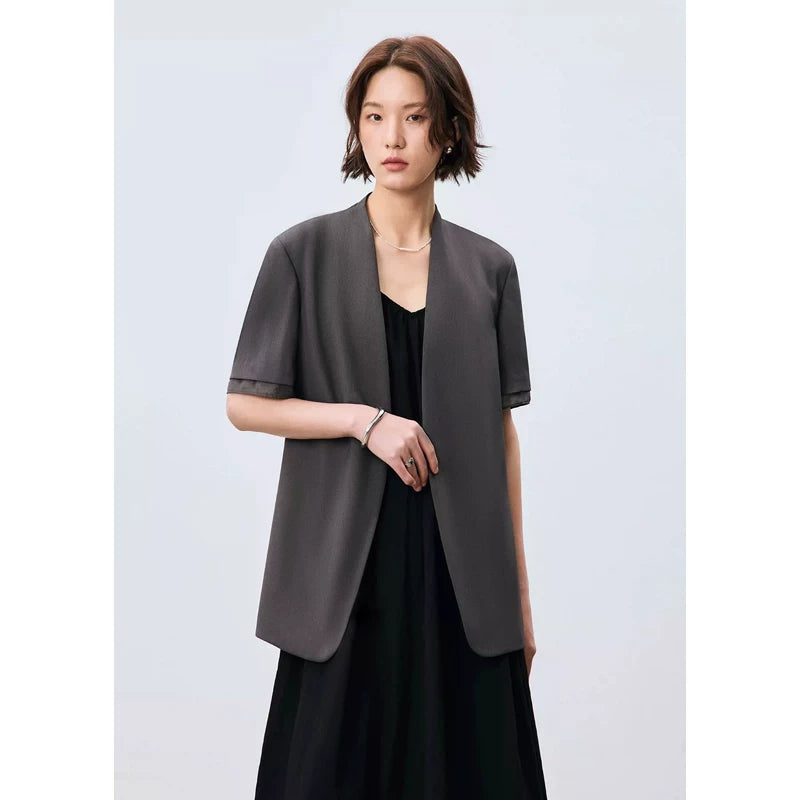 鯨乎シリーズ｜ノーカラージャケット｜長袖・半袖 ゆったり ほうじ茶グレー ブラック S・M・L・XL