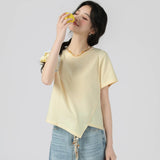下集シリーズ｜アシンメトリーヘム 半袖Tシャツ｜短め丈 正肩 コットン ベージュ/ホワイト/ブラック/ピンク/ライトブルー S〜XL