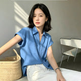 不造作シリーズ｜ブルー半袖シャツ｜ドロップショルダー 胸ポケット ゆったり S〜XL