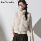 LaCシリーズ｜ファー調切り替え ケーブルニット ショートジャケット｜スタンドカラー オフホワイト・コーヒー S〜L