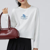 下集シリーズ｜ブルーフラワープリント 長袖Tシャツ｜コーマ綿 ゆったり 短め丈 インナー ホワイト S〜XL