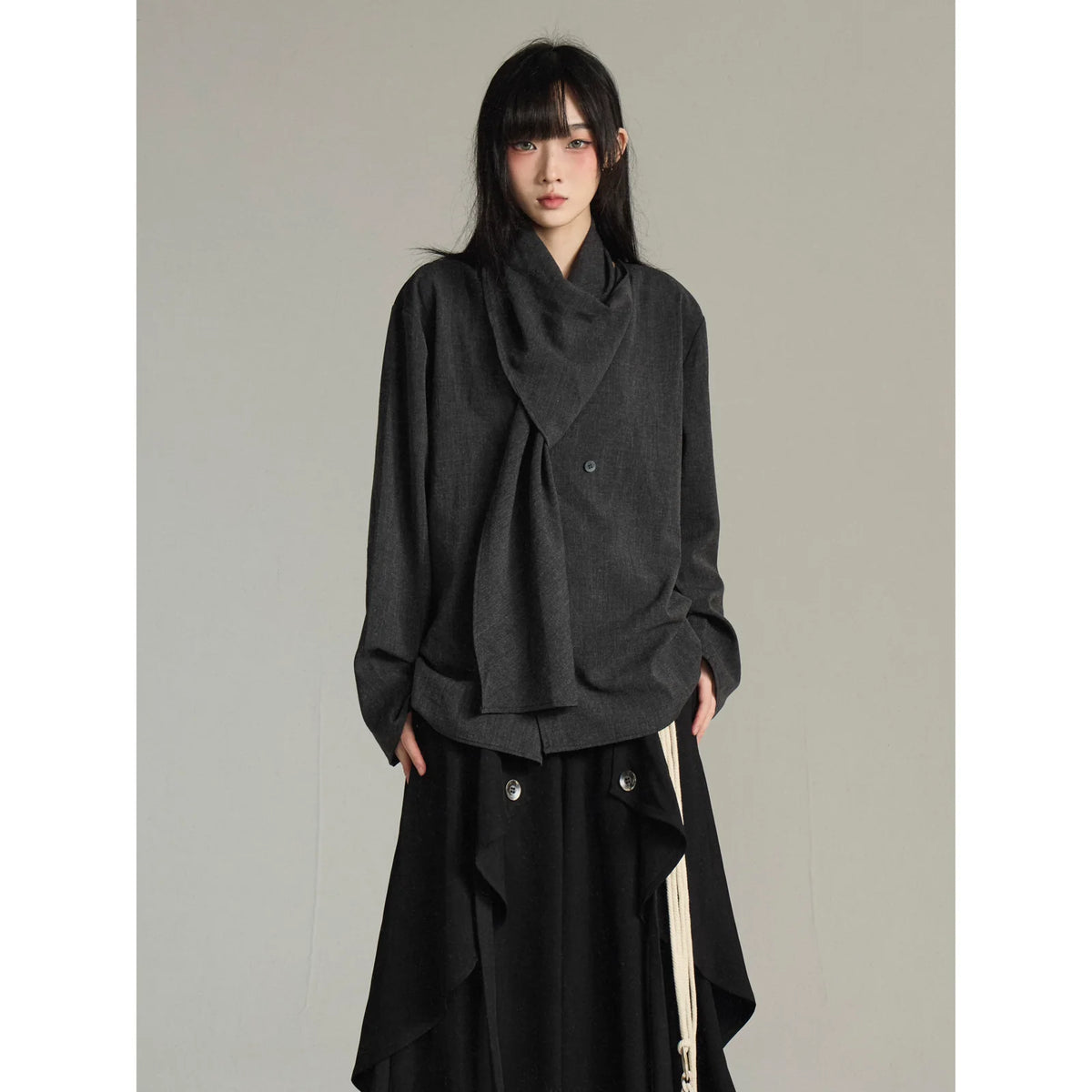 FG721シリーズ｜ダークグレー/グリーン スカーフ襟 ロングスリーブシャツ 日系レトロ ユニセックス M/L/XL