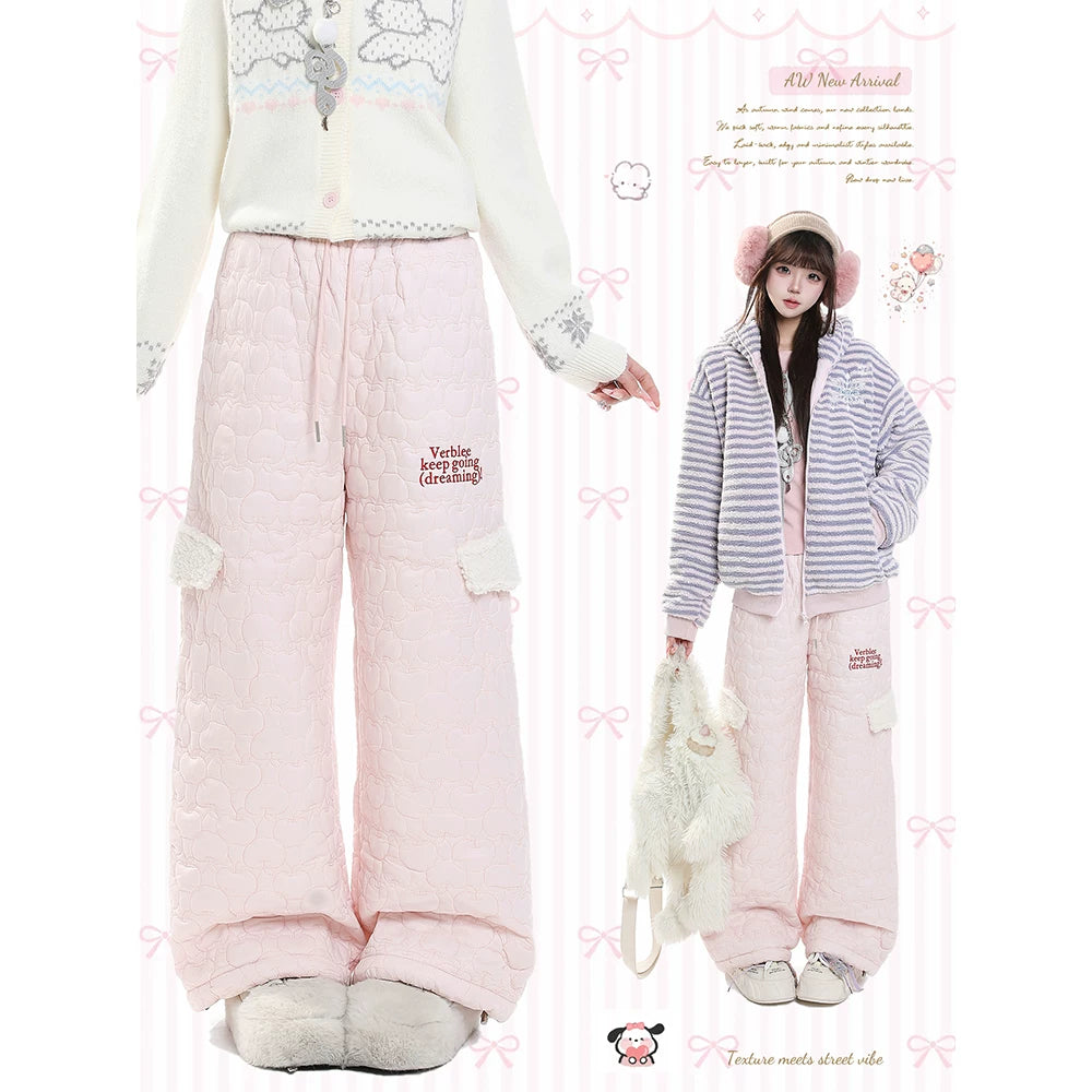 MJMTシリーズ｜ピンク キルティング 中綿ワイドパンツ リボン 冬 ゆったり ストレート S/M/L/XL