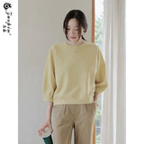 左品シリーズ｜コットン クルーネック 中袖トップス｜ふんわり袖 ショート丈 ゆったり 7色 M〜XL