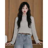 孜索シリーズ｜ドット柄 フリルネック 長袖Tシャツ｜モックネック フリル袖口 インナーにも ドットグレー S〜L