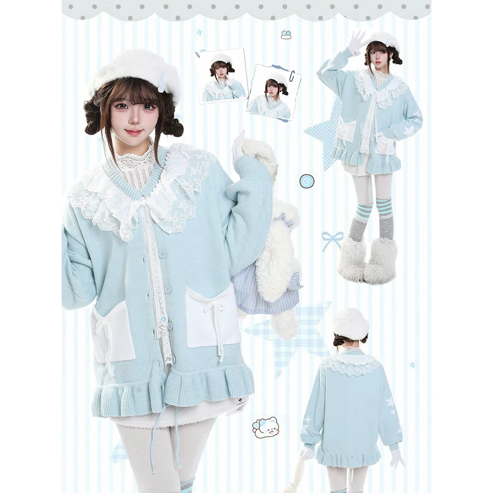MJMTシリーズ｜水色 レース切り替え ニットカーディガン リボン ゆったり 秋冬 S/M/L
