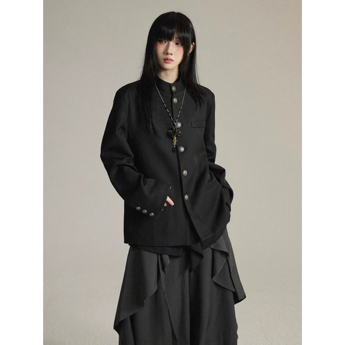 FG721シリーズ｜スタンドカラー ジャケット｜金属ボタン ゆったり ユニセックス ブラック M／L／XL
