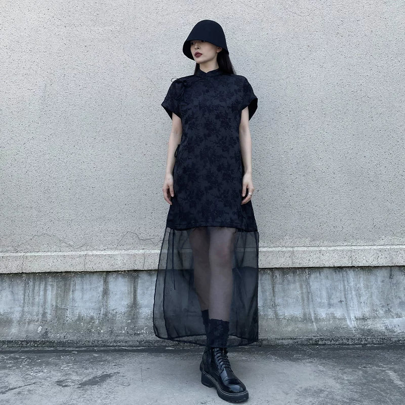 GUYIシリーズ｜チャイナ風 スタンドカラー ジャカード シアーレイヤード ロングワンピース｜ブラック 半袖 フリーサイズ